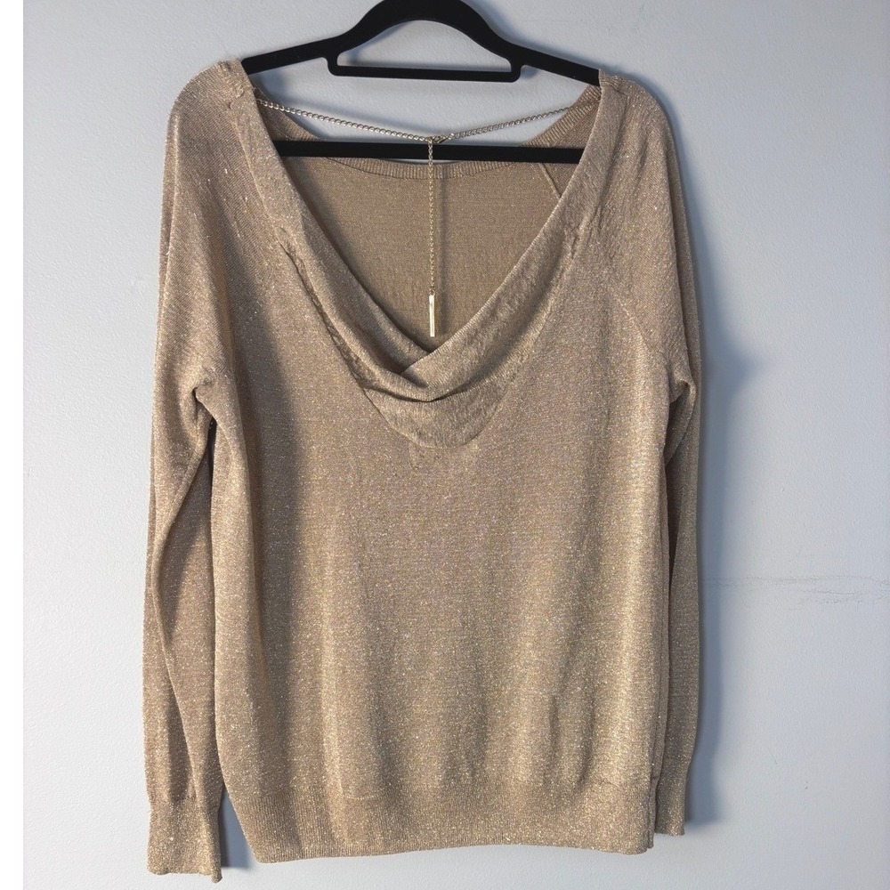 MICHAEL KORS Gold Metallic Shimmer Cowl Back Chain Detail Knit Sweater Medium